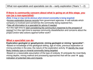 What non-specialists and specialists can do – early exploration (Years 1 – 2)
If there is community concern about what is going on at this stage, you
can (as a non-specialist):
(Note: it may or may not be obvious what mineral commodity is being targeted)
• Access exploration licence records from government agencies à will indicate which
company is involved (and sometimes the commodity being explored for).
• Take all information to a specialist for advice if needed.
• Is it the right time to start considering the community’s response to the prospect of
mining? Is it the right time to express community dissatisfaction and concerns about the
project and/or take actions against further work?
What a specialist can do:
Exploration geologist or geophysicist, mining geologist or mining “generalist”:
• Based on knowledge of the geological setting, age of rocks, previous exploration or
mining activities in the area, the nature of the exploration activity à identify the most
likely orebody type or mineral commodity being targeted.
• Based on a reasonable assumption of the type of orebody à anticipate the most likely
mining depths, mining method and processing approaches that will be used à early
indication of potential risks and impacts.
 
