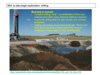https://upload.wikimedia.org/wikipedia/commons/a/ab/Mud_Pitt_with_Fly_Ash.JPG
Mid- to late-stage exploration: drilling
Mud tank or mud pit:
•  Contains drilling “mud” – a combination of fine rock
material and (often toxic) chemical additives required
to give the drilling fluid the right density and viscosity
properties.
•  Drilling mud poses an environmental risk: Rivers and
soils will be become contaminated if the mud-pit
overflows in heavy rains or if the pit-lining fails.
 