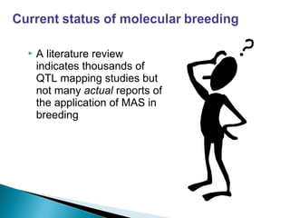  A literature review
indicates thousands of
QTL mapping studies but
not many actual reports of
the application of MAS in
breeding
 
