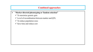 Combined approaches
 “Marker directed phenotyping or Tandem selection”
 To maximize genetic gain
 Level of recombination between marker and QTL
 To reduce population sizes
 Save time and reduce cost
 
