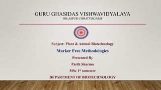 GURU GHASIDAS VISHWAVIDYALAYA
BILASPUR CHHATTISGARH
Subject: Plant & Animal Biotechnology
Marker Free Methodologies
Presented By
Parth Sharma
MSc 1st semester
DEPARTMENT OF BIOTECHNOLOGY
 