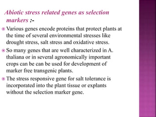 Abiotic stress related genes as selection
markers :-
 Various genes encode proteins that protect plants at
the time of several environmental stresses like
drought stress, salt stress and oxidative stress.
 So many genes that are well characterized in A.
thaliana or in several agronomically important
crops can be can be used for development of
marker free transgenic plants.
 The stress responsive gene for salt tolerance is
incorporated into the plant tissue or explants
without the selection marker gene.
 