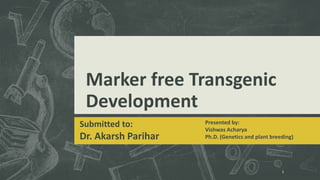 Marker free Transgenic
Development
Submitted to:
Dr. Akarsh Parihar
Presented by:
Vishwas Acharya
Ph.D. (Genetics and plant breeding)
1
 