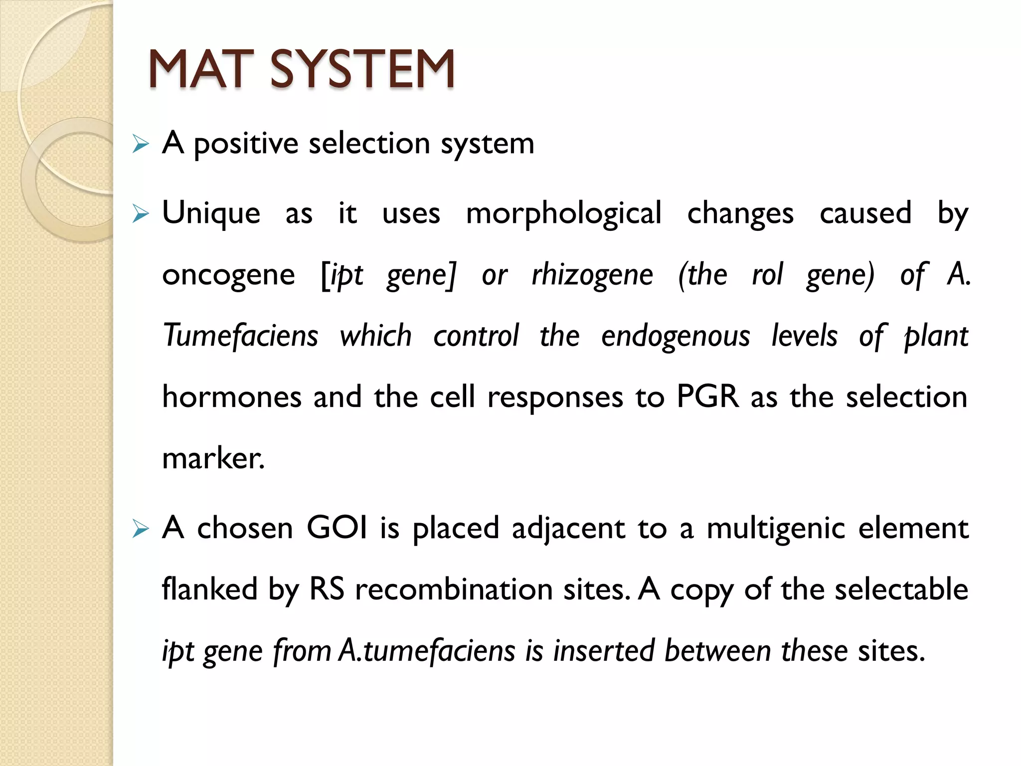 MAT SYSTEM
 A positive selection system
 Unique as it uses morphological changes caused by
oncogene [ipt gene] or rhizogene (the rol gene) of A.
Tumefaciens which control the endogenous levels of plant
hormones and the cell responses to PGR as the selection
marker.
 A chosen GOI is placed adjacent to a multigenic element
flanked by RS recombination sites. A copy of the selectable
ipt gene from A.tumefaciens is inserted between these sites.
 