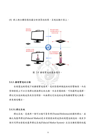 (4) 將三維立體影像依據分析演算的結果，呈現在顯示器上。


                讀取標記              標記物件偵測、
                物件影像              分析標記物件之
                                   角度及位置




                在螢幕上呈現
                擴增實境影像
                                  載入3D虛擬物件
                                  並進行影像疊加




                       圖 2.4 擴增實境的基本運作。



2.1.3. 擴增實境的分類
   在視覺追蹤環境下的擴增實境應用，受到影像辨識技術的影響極深，而在
整個發展上可以分為標記與無標記兩大類，而各有優缺點，可依據用途選擇。
標記定位技術較成熟及容易開發，而無標記定位技術也因為擴增實境之推廣，
將更備受矚目。



2.1.3.1. 標記系統
   標記系統，是應用一個可以被可靠參考(Trusted Reference)的圖形標記，並
稱之為基準標記(Fiducial Marker)是目前發展相對成熟的視覺追蹤技術。現有多
個不同單位發展的基準標記系統(Fiducial Marker System)，且各自擁有獨特的處



                              9
 