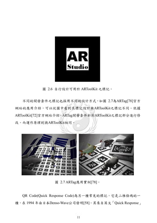 圖 2.6 自行設計可用於 ARToolKit 之標記。


   不同的開發套件之標記也採用不同的設計方式，如圖 2.7為ARTag[78]官方
網站的應用介紹，可以從圖中看到其標記設計與ARToolKit之標記不同。依據
ARToolKit[72]官方網站介紹，ARTag開發套件針對ARToolKit之標記部分進行修
改，而運作原理則與ARToolKit相同。




                圖 2.7 ARTag應用實例[78]。


   QR Code(Quick Response Code)為另一種常見的標記，它是二維條碼的一
種，在 1994 年由日本Denso-Wave公司發明[58]。其來自英文「Quick Response」


                         11
 