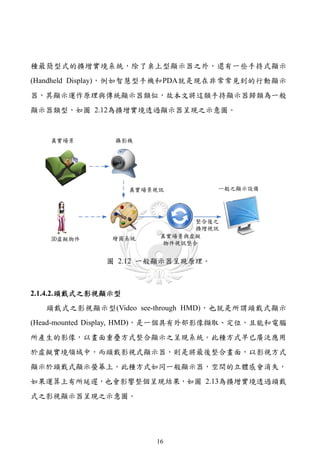 種最簡型式的擴增實境系統，除了桌上型顯示器之外，還有一些手持式顯示
(Handheld Display)，例如智慧型手機和PDA就是現在非常常見到的行動顯示
器，其顯示運作原理與傳統顯示器類似，故本文將這類手持顯示器歸類為一般
顯示器類型，如圖 2.12為擴增實境透過顯示器呈現之示意圖。




               圖 2.12 一般顯示器呈現原理。



2.1.4.2. 頭戴式之影視顯示型
   頭戴式之影視顯示型(Video see-through HMD)，也就是所謂頭戴式顯示
(Head-mounted Display, HMD)，是一個具有外部影像擷取、定位，且能和電腦
所產生的影像，以畫面重疊方式整合顯示之呈現系統。此種方式早已廣泛應用
於虛擬實境領域中，而頭戴影視式顯示器，則是將最後整合畫面，以影視方式
顯示於頭戴式顯示螢幕上。此種方式如同一般顯示器，空間的立體感會消失，
如果運算上有所延遲，也會影響整個呈現結果，如圖 2.13為擴增實境透過頭戴
式之影視顯示器呈現之示意圖。




                       16
 