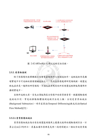 圖 2.42 ARToolKit 之標記追蹤定位流程。


2.3.2. 前景物偵測
    除了影像幾何座標轉換以及繪製虛擬物件之相關技術外，追蹤技術亦是擴
增實境中不可或缺的重要關鍵技術之一，然而在影像處理研究領域裡，視覺追
蹤也並非是一塊新的研究領域，不過也並非既有的所有視覺追蹤都能夠運用於
擴增實境中。
    在物件追蹤之前，首先必須能夠區分影像中的前景與背景，根據運動偵測
技 術 的 不 同 ， 常 見 的 移 動 物 體 偵 測 追 蹤 方法 有 三 類 ， 分 別 是 背 景 相 減 法
(Background Subtraction)、時序差異法(Temporal Differencing)與光流法(Optical
Flow Method)[23]。



2.3.2.1. 背景影像相減法
    背景影像相減法為目前在視覺監測應用上最廣泛使用的運動偵測方法，計
算公式如(2.19)所示，其基本運作原理是先用一段時間建立一個初步的背景模


                                46
 