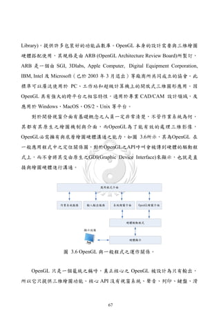 Library)，提供許多包裝好的功能函數庫。OpenGL 本身的設計需要與三維繪圖
硬體搭配使用，其規格是由 ARB (OpenGL Architecture Review Board)所製訂，
ARB 是一個由 SGI, 3Dlabs, Apple Computer, Digital Equipment Corporation,
IBM, Intel 及 Microsoft（已於 2003 年 3 月退出）等廠商所共同成立的協會。此
標準可以廣泛使用於 PC、工作站和超級計算機上的開放式三維圖形應用。因
OpenGL 具有強大的跨平台之相容特性，適用於專業 CAD/CAM 設計領域，及
應用於 Windows、MacOS、OS/2、Unix 等平台。
    對於開發視窗介面有基礎概念之人員一定非常清楚，不管作業系統為何，
其都有其原生之繪圖機制與介面，而OpenGL為了能有效的處理三維影像，
OpenGL必需擁有與底層繪圖硬體溝通之能力，如圖 3.6所示，其為OpenGL 在
一般應用程式中之定位關係圖，對於OpenGL之API呼叫會被傳到硬體的驅動程
式上，而不會將其交由原生之GDI(Graphic Device Interface)來顯示，也就是直
接與繪圖硬體進行溝通。




                圖 3.6 OpenGL 與一般程式之運作關係。


    OpenGL 只是一個籠統之稱呼，真正核心之 OpenGL 被設計為只有輸出，
所以它只提供三維繪圖功能。核心 API 沒有視窗系統、聲音、列印、鍵盤、滑



                                 67
 
