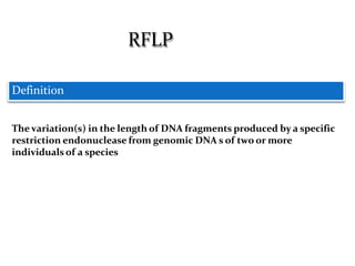 Definition
The variation(s) in the length of DNA fragments produced by a specific
restriction endonuclease from genomic DNA s of two or more
individuals of a species
RFLP
 