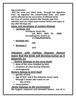 2
egg production
also the virus can infect birds through the digestive
tract by ingestion the contaminated food and water
which affected by the secrection of affected birds
the virus of markes shedes after 6weeks age from
infection and can make post mortum lesion and signs at
day after 80 days old
types and serotypes of markes disease
 .serotype .one
oncogenic strain like
.GA. MD11. MD5. TK. RBIB
low pathogenic strains as
CV1988(RESPINES)
 serotype two
.SBI
 Serotype 3
HVT
infection with markes disease doesnt
mean that the birds will develop tumor as it
depends on
factors belongs to the virus itself.
 dose of the virus inhalled by bird
 virulance of virus during infection
 onchogencity
factors belong to bird itself
 genetic of bird
 age of bird and if the infection occur early
through 2 weeks after hatch or not
 sex of bird
 immunization
.factor belongs to the environment
like hygenic measures and stressfull factors and all in
 