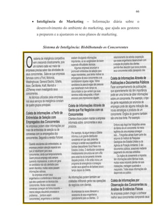 66
• Inteligência de Marketing – Informação diária sobre o
desenvolvimento do ambiente do marketing, que ajuda aos gestores
a preparem e a ajustarem os seus planos de marketing.
Sistema de Inteligência: Bisbilhotando os Concorrentes
 