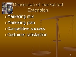 26
Dimension of market led
Extension
 Marketing mix
 Marketing plan
 Competitive success
 Customer satisfaction
 
