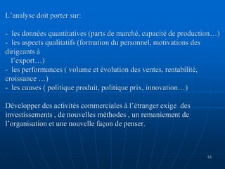 L’analyse doit porter sur:
- les données quantitatives (parts de marché, capacité de production…)
- les aspects qualitatifs (formation du personnel, motivations des
dirigeants à
l’export…)
- les performances ( volume et évolution des ventes, rentabilité,
croissance …)
- les causes ( politique produit, politique prix, innovation…)
Développer des activités commerciales à l’étranger exige des
investissements , de nouvelles méthodes , un remaniement de
l’organisation et une nouvelle façon de penser.
53
 