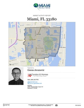 MARKETACTIVITY REPORT
Miami, FL 33180
Presented by
Goran Jovanovic
Work: (954) 243-7570
g@goranmiami.com
http://www.goranmiami.com
KWElite
20801 Biscayne Blvd. Suite 101
Aventura, FL 33180
Copyright 2016Realtors PropertyResource®LLC. All Rights Reserved.
Informationis not guaranteed. Equal Housing Opportunity. 10/31/2016
 