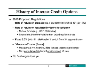 History of Interest Credit Options 
 2010 Proposed Regulations 
– Rate of return on plan assets, if prudently diversified...