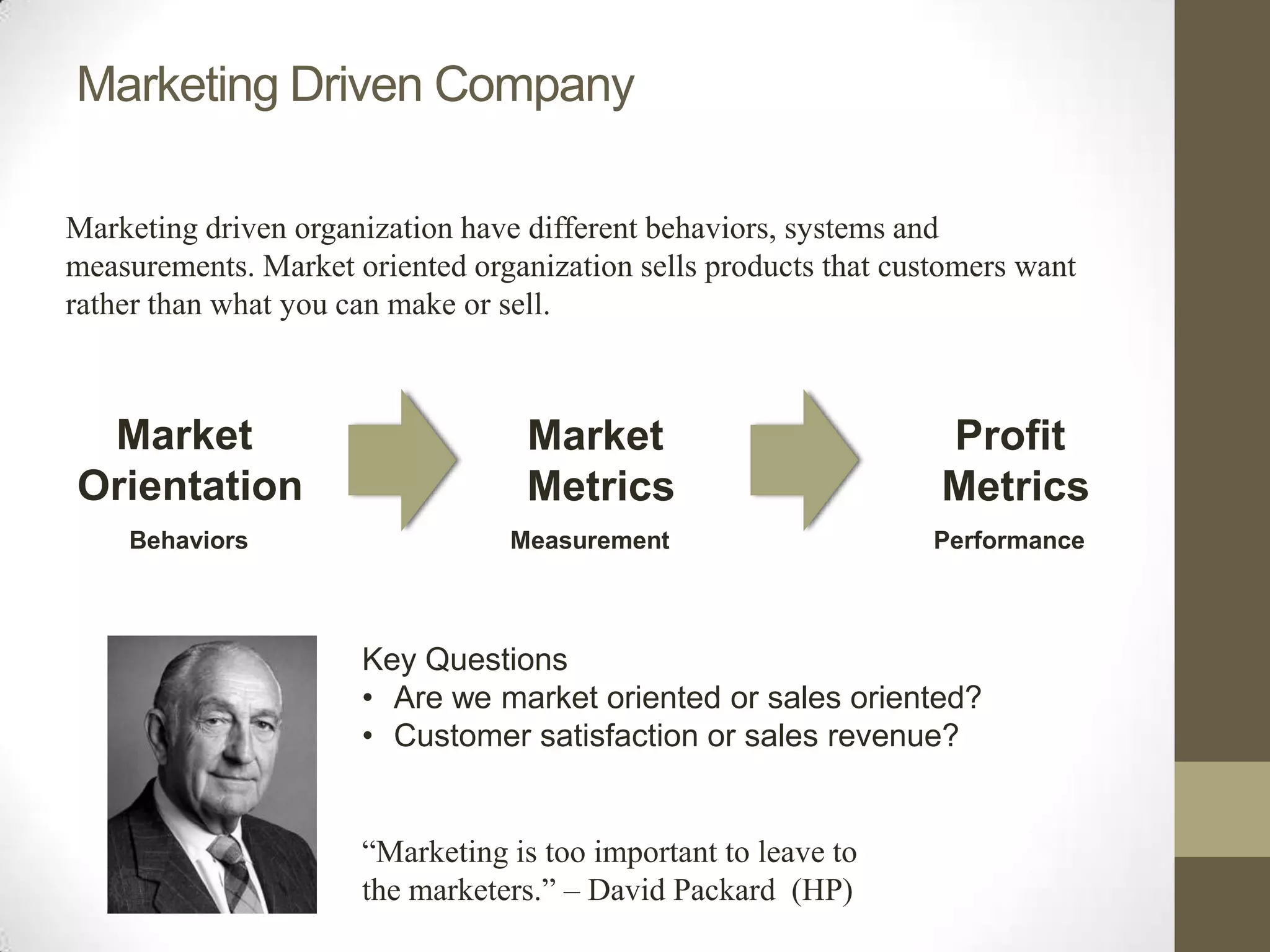 Marketing Driven Company

Marketing driven organization have different behaviors, systems and
measurements. Market oriented organization sells products that customers want
rather than what you can make or sell.



 Market                            Market                         Profit
Orientation                        Metrics                        Metrics
    Behaviors                    Measurement                      Performance



                      Key Questions
                      • Are we market oriented or sales oriented?
                      • Customer satisfaction or sales revenue?


                      “Marketing is too important to leave to
                      the marketers.” – David Packard (HP)
 