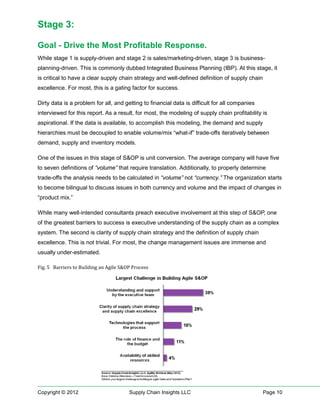 Stage 3:

Goal - Drive the Most Profitable Response.
While stage 1 is supply-driven and stage 2 is sales/marketing-driven, stage 3 is business-
planning-driven. This is commonly dubbed Integrated Business Planning (IBP). At this stage, it
is critical to have a clear supply chain strategy and well-defined definition of supply chain
excellence. For most, this is a gating factor for success.

Dirty data is a problem for all, and getting to financial data is difficult for all companies
interviewed for this report. As a result, for most, the modeling of supply chain profitability is
aspirational. If the data is available, to accomplish this modeling, the demand and supply
hierarchies must be decoupled to enable volume/mix “what-if” trade-offs iteratively between
demand, supply and inventory models.

One of the issues in this stage of S&OP is unit conversion. The average company will have five
to seven definitions of “volume” that require translation. Additionally, to properly determine
trade-offs the analysis needs to be calculated in “volume” not “currency.” The organization starts
to become bilingual to discuss issues in both currency and volume and the impact of changes in
“product mix.”

While many well-intended consultants preach executive involvement at this step of S&OP, one
of the greatest barriers to success is executive understanding of the supply chain as a complex
system. The second is clarity of supply chain strategy and the definition of supply chain
excellence. This is not trivial. For most, the change management issues are immense and
usually under-estimated.

Fig. 5 Barriers to Building an Agile S&OP Process




Copyright © 2012                        Supply Chain Insights LLC                               Page 10
 