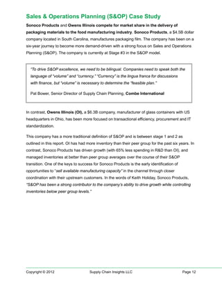Sales & Operations Planning (S&OP) Case Study
Sonoco Products and Owens Illinois compete for market share in the delivery of
packaging materials to the food manufacturing industry. Sonoco Products, a $4.5B dollar
company located in South Carolina, manufactures packaging film. The company has been on a
six-year journey to become more demand-driven with a strong focus on Sales and Operations
Planning (S&OP). The company is currently at Stage #3 in the S&OP model.



  “To drive S&OP excellence, we need to be bilingual. Companies need to speak both the
  language of “volume” and “currency.” “Currency” is the lingua franca for discussions
  with finance, but “volume” is necessary to determine the “feasible plan.”

  Pat Bower, Senior Director of Supply Chain Planning, Combe International



In contrast, Owens Illinois (OI), a $6.3B company, manufacturer of glass containers with US
headquarters in Ohio, has been more focused on transactional efficiency, procurement and IT
standardization.

This company has a more traditional definition of S&OP and is between stage 1 and 2 as
outlined in this report. OI has had more inventory than their peer group for the past six years. In
contrast, Sonoco Products has driven growth (with 65% less spending in R&D than OI), and
managed inventories at better than peer group averages over the course of their S&OP
transition. One of the keys to success for Sonoco Products is the early identification of
opportunities to “sell available manufacturing capacity” in the channel through closer
coordination with their upstream customers. In the words of Keith Holiday, Sonoco Products,
“S&OP has been a strong contributor to the company’s ability to drive growth while controlling
inventories below peer group levels.”




Copyright © 2012                     Supply Chain Insights LLC                              Page 12
 