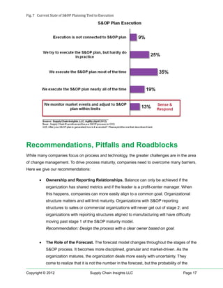 Fig. 7 Current State of S&OP Planning Tied to Execution




Recommendations, Pitfalls and Roadblocks
While many companies focus on process and technology, the greater challenges are in the area
of change management. To drive process maturity, companies need to overcome many barriers.
Here we give our recommendations:

        •   Ownership and Reporting Relationships. Balance can only be achieved if the
            organization has shared metrics and if the leader is a profit-center manager. When
            this happens, companies can more easily align to a common goal. Organizational
            structure matters and will limit maturity. Organizations with S&OP reporting
            structures to sales or commercial organizations will never get out of stage 2; and
            organizations with reporting structures aligned to manufacturing will have difficulty
            moving past stage 1 of the S&OP maturity model.
            Recommendation: Design the process with a clear owner based on goal.


        •   The Role of the Forecast. The forecast model changes throughout the stages of the
            S&OP process. It becomes more disciplined, granular and market-driven. As the
            organization matures, the organization deals more easily with uncertainty. They
            come to realize that it is not the number in the forecast, but the probability of the

Copyright © 2012                        Supply Chain Insights LLC                             Page 17
 