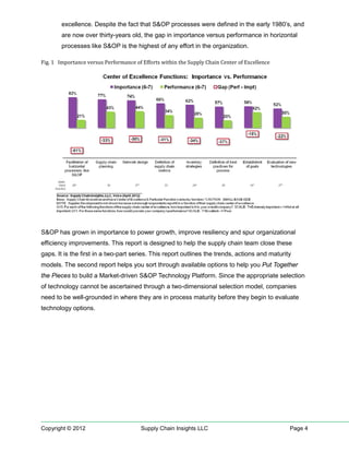 excellence. Despite the fact that S&OP processes were defined in the early 1980’s, and
        are now over thirty-years old, the gap in importance versus performance in horizontal
        processes like S&OP is the highest of any effort in the organization.

Fig. 1 Importance versus Performance of Efforts within the Supply Chain Center of Excellence




S&OP has grown in importance to power growth, improve resiliency and spur organizational
efficiency improvements. This report is designed to help the supply chain team close these
gaps. It is the first in a two-part series. This report outlines the trends, actions and maturity
models. The second report helps you sort through available options to help you Put Together
the Pieces to build a Market-driven S&OP Technology Platform. Since the appropriate selection
of technology cannot be ascertained through a two-dimensional selection model, companies
need to be well-grounded in where they are in process maturity before they begin to evaluate
technology options.




Copyright © 2012                        Supply Chain Insights LLC                               Page 4
 