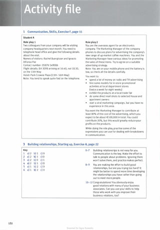 132
1 Communication, Skills, Exercise F, page 11
Student A
Role play 1
Two colleagues from your company will be visiting
company headquarters next month. You need to
telephone head office and give the following details
about the visit.
Names of visitors: Rachel Buergisser and Ignacio
Alfonso Paz
Contact number: 05876 549006
Flight details: BA 3098 arriving at 16:40, not 18:30,
on the 13th May
Hotel: Park Crowne Plaza (13th-16th May)
Note: You tend to speak quite fast on the telephone.
Role play 2
You are the overseas agent for an electronics
company. The Marketing Manager of the company
phones to discuss plans for advertising the company's
new range of up-market coffee machines. You and the
Marketing Manager have various ideas for promoting
the sales of these items. Try to agree on a suitable
advertising strategy.
Note: You are on your mobile phone and the battery is
low, so check all the details carefully.
You want to:
• spend a lot of money on radio and TV advertising
• hire some models for in-store promotional
activities at local department stores
(twice a week for eight weeks)
• exhibit the products at a local trade fair
• do some direct mail shots to selected house and
apartment owners
• start a viral marketing campaign, but you have no
experience in this area.
You want the Marketing Manager to contribute at
least 80% of the cost of the advertising, which you
expect to be about €100,000 in total. You could
contribute 20%, but this would greatly reduce your
profits on the products.
While doing the role play, practise some of the
expressions you can use for dealing with breakdowns
in communication.
3 Building relationships, Starting up, Exercise A, page 22
Key
1 a) 2 b) 1 c) O
2 a) 2 b) 1 c) 0
3 a) 2 b) O c) 1
4 a) 2 b) 1 c) 0
5 a) 1 b) 2 c) O
6 a) 1 b) 2 c) O
0-7 Building relationships is not easy for you.
Communication is the key. Make the effort to
talk to people about problems. Ignoring them
won't solve them, and practice makes perfect.
8-9 You are making the effort to build good
relationships, but are you trying too hard? It
might be better to spend more time developing
the relationships you have rather than going
out to meet more people.
10-12 Congratulations! You obviously enjoy
good relations with many of your business
associates. Can you use your skills to help
those who work with you improve their
business relations, too?
Scanned for Agus Suwanto
 