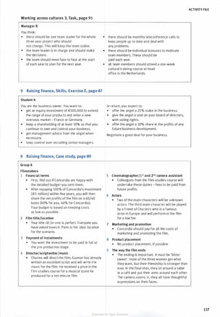 Working across cultures 3, Task, page 91
Manager B
You think:
• there should be one team leader for the whole
three-year project who should
not change. This will keep the team stable.
• the team leader is in charge and should make
the decisions.
• the team should meet face to face at the start
of each year to plan for the next year.
9 Raising finance, Skills, Exercise E, page 87
Student A
You are the business owner. You want to:
• get an equity investment of €500,000 to extend
the range of your products and enter a new
overseas market - France or Germany.
• keep a shareholding of at least 50% so that you
continue to own and control your business.
• get management advice from the angel when
necessary.
• keep control over recruiting senior managers.
9 Raising finance, Case study, page 89
Group A
Filmmakers
1 Financial terms
• First, find out if Concordia are happy with
the detailed budget you sent them.
• After repaying 100% of Concordia's investment
(€1 million) within five years, you will then
share the net profits of the film on a 60/40
basis (60% for you, 40% for Concordia).
Your budget is based on keeping costs
as low as possible.
2 Film title/location
• Your title All for one is perfect. Everyone you
have asked loves it. Paris is the ideal location
for the scenario.
3 Payment of instalments
• You want the investment to be paid in full at
the pre-production stage.
4 DirectorIscriptwriterImusic
• Charles will direct the film; Gunnar has already
written an excellent script and will write the
music for the film. He received a prize in the
film-studies course for a musical score he
produced for a ten-minute film.
• there should be monthly teleconference calls to
keep people up to date and deal with
any problems.
• there should be individual bonuses to motivate
team members. These should be
paid each year.
• all team members should attend a one-week
cultural training course at head
office in the Netherlands.
In return, you expect to:
• offer the angel a 25% stake in the business.
• give the angel a seat on your board of directors,
with voting rights.
• offer the angel a 10% share in the profits of any
future business development.
Negotiate a good deal for your business.
5 Cinematographer/1•1 and 2nd camera assistant
• Colleagues from the film-studies course will
undertake these duties - fees to be paid from
future profits.
6 Actors
• Two of the main characters will be unknown
actors. The third main character will be played
by a friend of Charles's who is a famous
actor in Europe and will perform in the film
for a low fee.
7 Marketing and promotion
• Concordia should pay for all the costs of
marketing and promoting the film.
8 Product placement
• No product placement, if possible
9 The way the film ends
• The ending is important. It must be 'bitter
sweet'. None of the three women get what
they want, but their friendship is stronger than
ever. In the final shot, they sit around a table
in a cafe and put their arms around each other.
The camera zooms in, they all have thoughtful
expressions on their faces.
ACTIVITY FILE
137
Scanned for Agus Suwanto
 