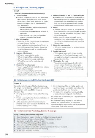 ACTIVITY FILE
9 Raising finance, Case study, page 89
144
Group B
Concordia (independent distribution company)
1 Financial terms
• You want to be repaid 120% of your investment
(€1.2 million) within five years of the launch
of the film + a share of the net profits on 70/30
basis (70% for you, 30% for the filmmakers).
Your reasons are:
- the two filmmakers have no experience of
making feature films
- it is essential to use well-known actors in all
main roles
- there are other costs that the filmmakers
have not considered (see below).
2 Film title/location
• You prefer the title Friendsforever. It emphasises
the main theme of the film.
• Berlin is a better location than Paris. The city is
less well known and therefore the sites where
the action takes place will be more interesting
and mysterious.
3 Payment of instalments
• 20% when pre-production begins
• 50% at the start of the production stage
• 20% at the beginning of post-production
• 10% will be reserved for marketing and
promotion
4 Director/scriptwriter/music
• You are happy for Charles to be Director and you
approve Gunnar's script.
• You want to have a highly commercial
soundtrack by a famous band. This will add to
the production costs but also to the profits.
5 Cinematographer/ 151 and 2"d camera assistant
• You want to hire an experienced professional to
be cinematographer, not someone from the film­
studies course. You are willing to use students
from the course as camera assistants. Hiring a
professional will involve extra production costs.
6 Actors
• The main characters should be top film actors
from the countries concerned. You will persuade
them to take low salaries but offer them a share
of the film's profits.
• Hiring top professional actors will add to
production costs but greatly increase profits.
Part of the increased cost will come out of the
film's profits.
7 Marketing and promotion
• 10% of the budget should be retained to cover
marketing costs.
8 Product placement
• This is a great opportunity for you to make
money from the film. You believe you could
persuade at least eight companies to place their
top brands in the film.
9 The way the film ends
• You wantan upbeat, happyending. One ofthe
women, Fabiola, should meet and marrythe
Frenchman ofherdreams.The final shot should
be ofher kissing the bridegroom at the marriage
ceremony.
11 Crisis management, Skills, Exercise C, page 109
Student B
You are the Sales Manager of the furniture company.
The lamp is your best-selling product. It is a beautifully
designed item which costs $60 in the stores.
You know that:
• the lamp could overheat if it was left on for many
hours.
• there is a warning label on the lamp not to leave it
on for more than six hours.
• as far as you know, there have been only two
incidents when users have burnt their hands. This
was because they were careless.
• the vinyl coating of the cord is top quality and
very thick. You are surprised to learn about this
problem and will look into the matter.
• the bulbs in the lamps have been supplied by
a top-quality electrical goods manufacturer.
You believe that a competitor paid a reporter to write
the harmful report.
You have been selling the lamp for two years to
retailers and have had almost no complaints.
Try to make a good impression in the TV programme.
Do not agree to recall the product.
10 Customer service, Vocabulary, Exercise D, page 97
Group A: Dealing with customer complaints
1 Show the customer you are listening by checking that you understand.
2 Allow the customer to show their emotions if they are upset or angry.
3 Say you are sorry that the customer is upset.
4 Admit that the problem was your fault as soon as possible.
5 Make sure you get full details of the problem.
6 Summarise and make sure that the customer understands what you have said.
7 Ask the customer to put the complaint in writing.
8 Be firm if you are sure of your facts.
Scanned for Agus Suwanto
 