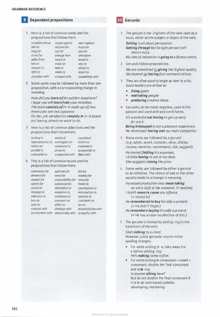 GRAMMAR REFERENCE
a Dependent prepositions
1 Here is a list of common verbs and the
prepositions that follow them.
complain about insure against react against
hint at accountfor hopefor
longfor optfor payfor
strivefor emerge from stemfrom
sufferfrom invest in result in
beton insist on re/yon
amount to lead to abjectto
refer to relate to resort to
associate with contend with sympathise with
2 Some verbs may be followed by more than one
preposition, with a correspondingchange in
meaning.
Howdidyou learn ofhis sudden departure?
I hope you willlearnfrom yourmistakes.
The team consists of(= is made up of) two
Americans and twoJapanese.
Forher, job satisfaction consists in (= is based
on) having almost no work to do.
3 Here is a list of common adjectives and the
prepositions that follow them.
lacking in aware of capableaf
representative of contingent on intenton
reliantan conducive to essential to
parallel to prone to susceptible to
vulnerable to compatible with filled with
4 This is a list of common nouns and the
prepositions that follow them.
admiration for aptitudefor bidfor
demandfor needfor remedyfor
respectfor responsibilityfor room for
searchfor substitutefor threat to
access to alternative to contribution to
damage to exception to introduction ta
reference to resistance to solution to
ban on commenton constraint on
curb on effect on tax on
contrast with dealings with dissatisfaction with
involvement with relationship with sympathy with
150
m Gerunds
1 The gerund is the -ing form of the verb used as a
noun, either as the subject or object of the verb.
Selling isallaboutpersuasion.
Getting through to therightperson isn't
always easy.
Myidea ofrelaxation isgoing to a fitness centre.
2 Gerunds follow prepositions.
We are committed to giving the highest quality.
We depend on havingfast communications.
3 They are often used to begin an item in a list.
Good leadersareskilled at:
• fixing goals
• motivating people
• producing creative ideas.
4 Gerunds can be made negative, used in the
passive and used with pastverb forms.
It's wonderful not having to getup early
for work.
Being kidnapped is not a pleasant experience.
He mentioned having met ourmain competitor.
5 Many verbs are followed by a gerund
(e.g. admit, avoid, consider, deny, dislike,
involve, mention, recommend, risk, suggest).
He deniedfiddling his expenses.
Idislike having to eat at mydesk.
She suggests raising the price.
6 Some verbs are followed by either a gerund
or an infinitive. The choice of one or the other
usually leads to a change in meaning.
Increasedproduction may mean taking
on extra staffat the weekend. (= involve)
I didn't mean to cause any offence.
(= intend to)
He remembered to buyhis wife a present.
(= He didn't forget.)
He remembers buying his wife a present.
(= He has a clear recollection of this.)
7 The gerund is formed by adding -ing to the
base form of the verb.
She's talking to a client.
However, some gerunds require minor
spelling changes.
• For verbs ending in -e, take away the
e before adding -ing.
He's making some coffee.
• For verbs ending in consonant + vowel +
consonant, double the final consonant
and add -ing.
Is anyone sitting here?
But do not double the final consonant if
it is in an unstressed syllable.
developing, marketing
Scanned for Agus Suwanto
 