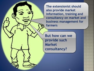 The extensionist should
also provide market
information, training and
consultancy on market and
business management for
farmers
But how can we
provide such
Market
consultancy?
11
 
