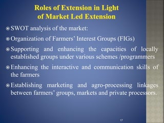  SWOT analysis of the market:
 Organization of Farmers’ Interest Groups (FIGs)
 Supporting and enhancing the capacities of locally
established groups under various schemes /programmers
 Enhancing the interactive and communication skills of
the farmers
 Establishing marketing and agro-processing linkages
between farmers’ groups, markets and private processors.
17
 