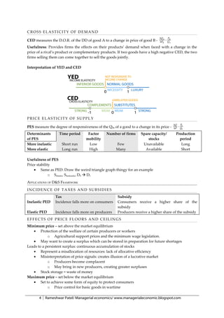 CROSS ELASTICITY OF DEMAND
                                                                                ∆Q A
CED measures the D.O.R. of the DD of good A to a change in price of good B -    ∆PB    ⋅ QBA
                                                                                         P


Usefulness: Provides firms the effects on their products’ demand when faced with a change in the
price of a rival’s product or complementary products. If two goods have a high negative CED, the two
firms selling them can come together to sell the goods jointly.

Interpretation of YED and CED




PRICE ELASTICITY OF SUPPLY
                                                                                               ∆Q     P
PES measure the degree of responsiveness of the QSS of a good to a change in its price -       ∆P   ⋅ Q00
Determinants       Time period      Factor      Number of firms      Spare capacity/            Production
of PES                             mobility                              stocks                   period
More inelastic       Short run       Low              Few             Unavailable                  Long
More elastic         Long run       High              Many             Available                   Short

Usefulness of PES
Price stability
    • Same as PED: Draw the weird triangle graph thingy for an example
              o Selastic, Sineleastic, D0  D1
APPLICATIONS OF D&S FRAMEWORK

INCIDENCE OF TAXES AND SUBSIDIES
                 Tax                                   Subsidy
Inelastic PED    Incidence falls more on consumers     Consumers receive a higher share of the
                                                       subsidy
Elastic PED      Incidence falls more on producers     Producers receive a higher share of the subsidy
EFFECTS OF PRICE FLOORS AND CEILINGS
Minimum price – set above the market equilibrium
   • Protection of the welfare of certain producers or workers
            o Agricultural support prices and the minimum wage legislation.
   • May want to create a surplus which can be stored in preparation for future shortages
Leads to a persistent surplus: continuous accumulation of stocks
   • Represent a misallocation of resources: lack of allocative efficiency
   • Misinterpretation of price signals: creates illusion of a lucrative market
            o Producers become complacent
            o May bring in new producers, creating greater surpluses
   • Stock storage = waste of money
Maximum price – set below the market equilibrium
   • Set to achieve some form of equity to protect consumers
            o Price control for basic goods in wartime

       4   Rameshwar Patel/ Managerial economics/ www.managerialeconomic.blogspot.com
 