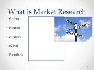 What is Market Research
• Gather
• Record
• Analyse
• (Data)
• Regularly
 