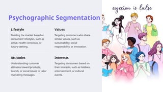 Psychographic Segmentation
Lifestyle
Dividing the market based on
consumers' lifestyles, such as
active, health-conscious, or
luxury-seeking.
Values
Targeting customers who share
similar values, such as
sustainability, social
responsibility, or innovation.
Attitudes
Understanding customer
attitudes toward products,
brands, or social issues to tailor
marketing messages.
Interests
Targeting consumers based on
their interests, such as hobbies,
entertainment, or cultural
events.
 