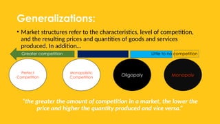 Generalizations:
• Market structures refer to the characteristics, level of competition,
and the resulting prices and quantities of goods and services
produced. In addition…
“the greater the amount of competition in a market, the lower the
price and higher the quantity produced and vice versa.”
Perfect
Competition
Monopoly
Monopolistic
Competiition
Oligopoly
Greater competition Little to no competition
 