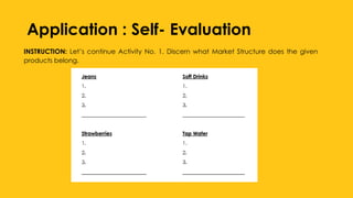 Application : Self- Evaluation
INSTRUCTION: Let’s continue Activity No. 1. Discern what Market Structure does the given
products belong.
 