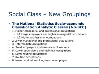 Social Class – New Groupings The National Statistics Socio-economic Classification Analytic Classes (NS-SEC) 1. Higher managerial and professional occupations 1.1 Large employers and higher managerial occupations 1.2 Higher professional occupations 2.Lower managerial and professional occupations 3. Intermediate occupations 4. Small employers and own account workers 5. Lower supervisory and technical occupations 6. Semi-routine occupations 7. Routine occupations 8. Never worked and long-term unemployed 