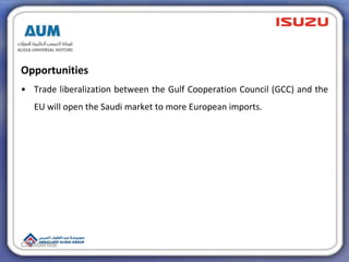 Opportunities
• Trade liberalization between the Gulf Cooperation Council (GCC) and the
EU will open the Saudi market to more European imports.
Confidential
 