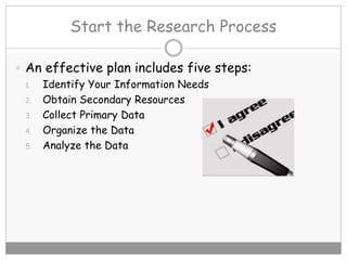 Start the Research Process
 An effective plan includes five steps:
1. Identify Your Information Needs
2. Obtain Secondary Resources
3. Collect Primary Data
4. Organize the Data
5. Analyze the Data
 