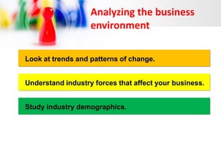 Analyzing the business
environment
Look at trends and patterns of change.
Understand industry forces that affect your business.

Study industry demographics.

 