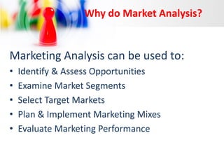 Why do Market Analysis?

Marketing Analysis can be used to:
•
•
•
•
•

Identify & Assess Opportunities
Examine Market Segments
Select Target Markets
Plan & Implement Marketing Mixes
Evaluate Marketing Performance

 