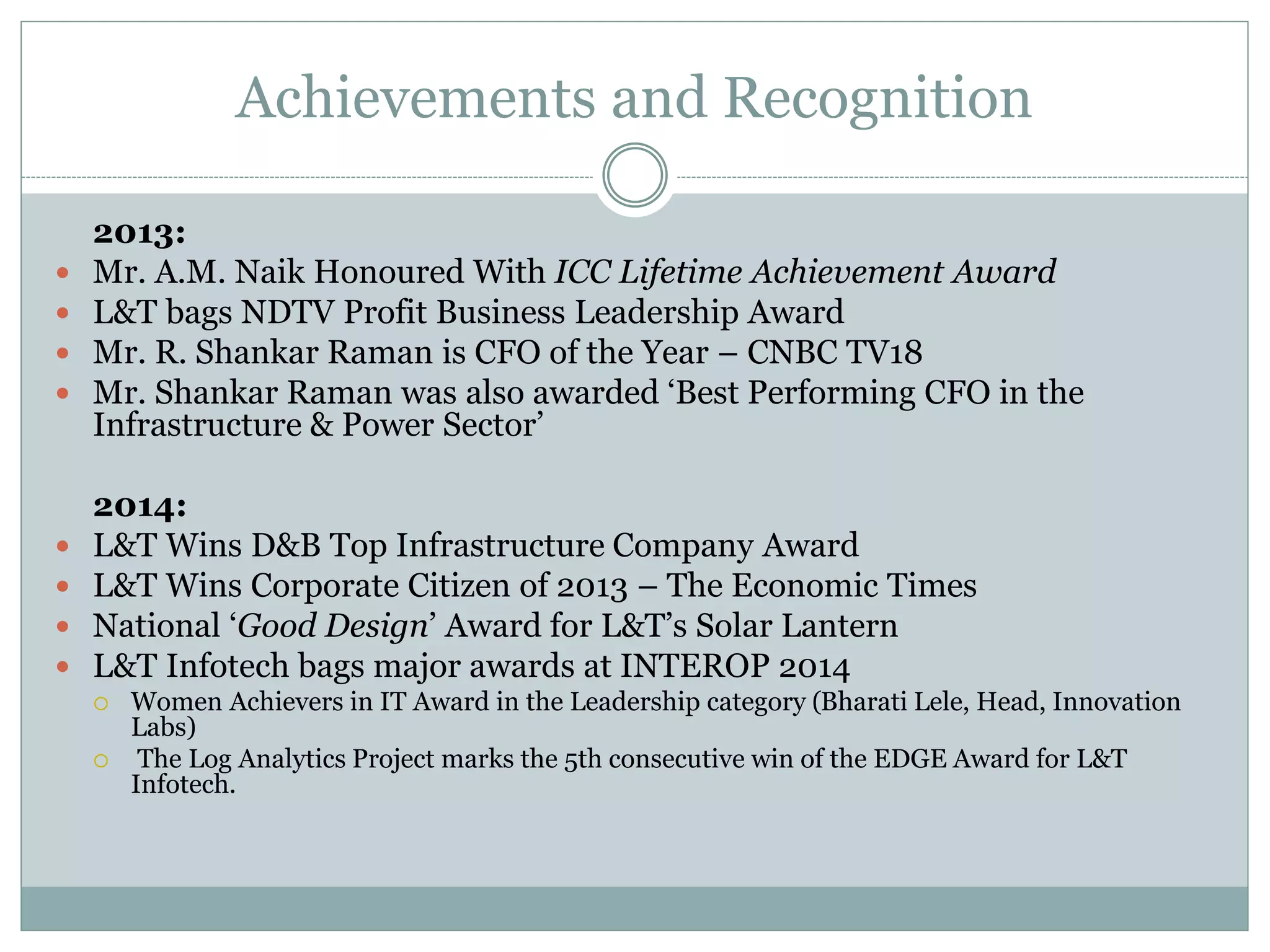 Achievements and Recognition
2013:
 Mr. A.M. Naik Honoured With ICC Lifetime Achievement Award
 L&T bags NDTV Profit Business Leadership Award
 Mr. R. Shankar Raman is CFO of the Year – CNBC TV18
 Mr. Shankar Raman was also awarded ‘Best Performing CFO in the
Infrastructure & Power Sector’
2014:
 L&T Wins D&B Top Infrastructure Company Award
 L&T Wins Corporate Citizen of 2013 – The Economic Times
 National ‘Good Design’ Award for L&T’s Solar Lantern
 L&T Infotech bags major awards at INTEROP 2014
 Women Achievers in IT Award in the Leadership category (Bharati Lele, Head, Innovation
Labs)
 The Log Analytics Project marks the 5th consecutive win of the EDGE Award for L&T
Infotech.
 
