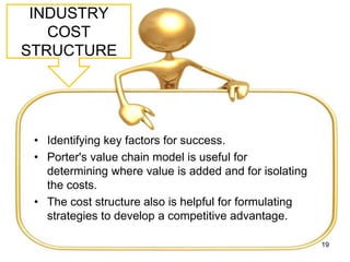 INDUSTRY
COST
STRUCTURE
• Identifying key factors for success.
• Porter's value chain model is useful for
determining where value is added and for isolating
the costs.
• The cost structure also is helpful for formulating
strategies to develop a competitive advantage.
19
 