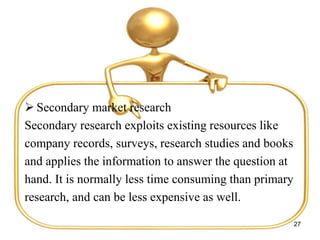  Secondary market research
Secondary research exploits existing resources like
company records, surveys, research studies and books
and applies the information to answer the question at
hand. It is normally less time consuming than primary
research, and can be less expensive as well.
27
 