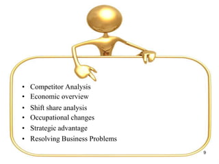 • Competitor Analysis
• Economic overview
• Shift share analysis
• Occupational changes
• Strategic advantage
• Resolving Business Problems
9
 