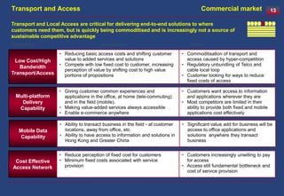 Transport and Access                                                                    Commercial market                   13

Transport and Local Access are critical for delivering end-to-end solutions to where
customers need them, but is quickly being commoditised and is increasingly not a source of
sustainable competitive advantage
Capability                             Description                                Driver
                   • Reducing basic access costs and shifting customer         • Commoditisation of transport and
 Low Cost/High       value to added services and solutions                       access caused by hyper-competition
                   • Compete with low fixed cost to customer, increasing       • Regulatory unbundling of Telco and
   Bandwidth
                     perception of value by shifting cost to high value          cable local loop
Transport/Access     portions of propositions                                  • Customer looking for ways to reduce
                                                                                 fixed costs of access

                   • Giving customer common experiences and                    • Customers want access to information
 Multi-platform      applications in the office, at home (tele-commuting)        and applications wherever they are
   Delivery          and in the field (mobile).                                • Most competitors are limited in their
  Capability       • Making value-added services always accessible               ability to provide both fixed and mobile
                   • Enable e-commerce anywhere                                  applications cost effectively

                   • Ability to transact business in the field - at customer   • Significant value add for business will be
   Mobile Data       locations, away from office, etc.                           access to office applications and
   Capability      • Ability to have access to information and solutions in      solutions anywhere they transact
                     Hong Kong and Greater China                                 business


                   • Reduce perception of fixed cost for customers             • Customers increasingly unwilling to pay
 Cost Effective    • Minimum fixed costs associated with service                 for access
Access Network       provision                                                 • Access still fundamental bottleneck and
                                                                                 cost of service provision
 