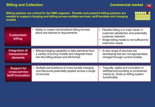 Billing and Collection                                                             Commercial market                 15

Billing systems are critical for the SME segment. Flexible and powerful billing systems are
needed to support charging and billing across multiple services, tariff bundles and charging
models
Capability                             Description                           Driver
                    • Ability to create individualised billing formats    • Flexible billing is a major factor in
                      which are tailored to requirements                    customer satisfaction and potentially
  Customised                                                                customer retention
    billing                                                               • Single billing model is not sufficient to
                                                                            meet their needs

 Integration of     • Billing/charging capability to take elements from   • A new range of services are
 transactional        a variety of pricing models and integrate these       developing that are not appropriately
   elements           into the billing stream and bill format               charged through current models,



  Support for       • Multiple permutations of cross-bundle charging      • Typically, agility and innovation in
 cross-service        and discounts potentially applied across a range      tariff/service bundling is constrained
tariff innovation     of services                                           mainly by limits on billing system
                                                                            functionality.
 