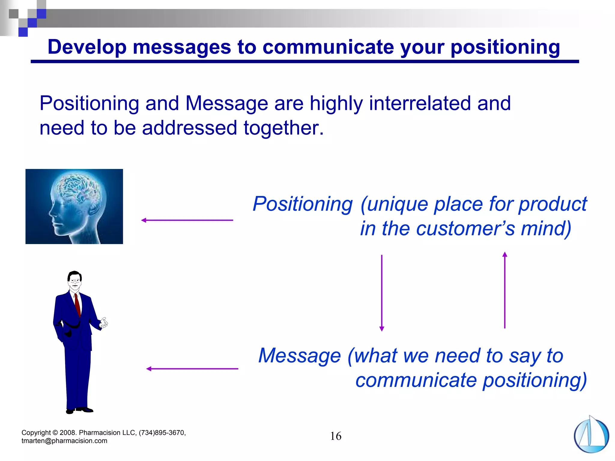 Develop messages to communicate your positioning

     Positioning and Message are highly interrelated and
     need to be addressed together.


                                                     Positioning (unique place for product
                                                                 in the customer’s mind)




                                                     Message (what we need to say to
                                                              communicate positioning)

Copyright © 2008. Pharmacision LLC, (734)895-3670,
tmarten@pharmacision.com                                     16
 
