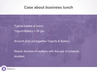 Case about business lunch
Typical basket at lunch:
Yogurt+Bakery = 30 grn.
At lunch time put together Yogurts & Bakery.
Re...