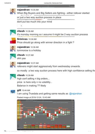 12/25/2018 marketprofile | Marketcalls Slack
https://marketcalls.slack.com/messages/C0DJJKQ81/ 10/19
rajandran 10:35 AM
When Big Buyers and Big Sellers are fighting - either rollover started
or just a two way auction process in place
dont put too much into your mind
1
ritesh 10:36 AM
it's monday morning so i assume it might be 2 way auction process
Srinivas 10:36 AM
Price should go along with winner direction in a fight ?
rajandran 10:36 AM
tommorow is a holiday
ritesh 10:37 AM
ohh yaa
rajandran 10:37 AM
rollovers might start aggressively from wednesday onwards
so mostly a two way auction process here with high confidence selling thu
ritesh 10:39 AM
high conf selling n big orders...
price is here only n no volatility...
Balance in making ?? likely
gill 10:44 AM
I am using Truedata and getting same results as @rajandran
Pasted image at 2018-12-24, 10:43 AM
 
